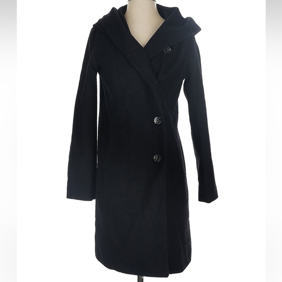 Cole Haan Signature Size 4 Small Wool Blend Hood Shawl Collar Coat Black Button - Picture 1 of 7